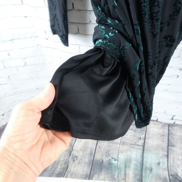IRIS BLACK & TEAL VELVET BURNOUT FLORAL LONG SLEEVE HIGH NECK DRESS SIZE MEDIUM - Picture 7 of 11